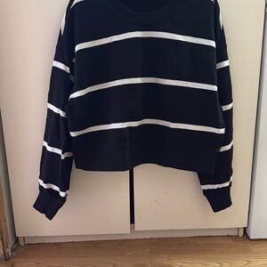 Black and White Crew Neck Sweater with Ribbed Cuffs